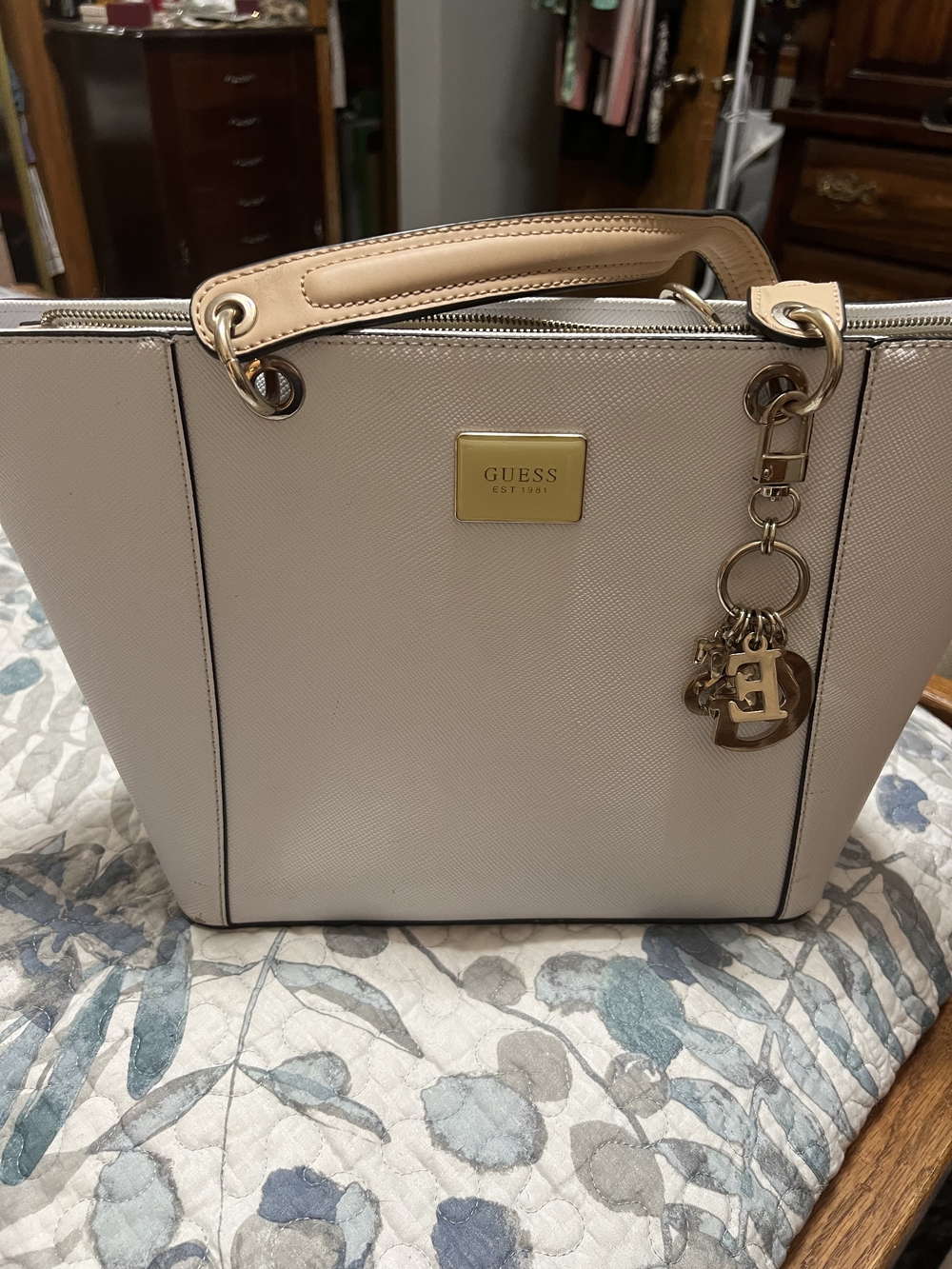 GUESS Cream and Tan Tote with Gold Accents